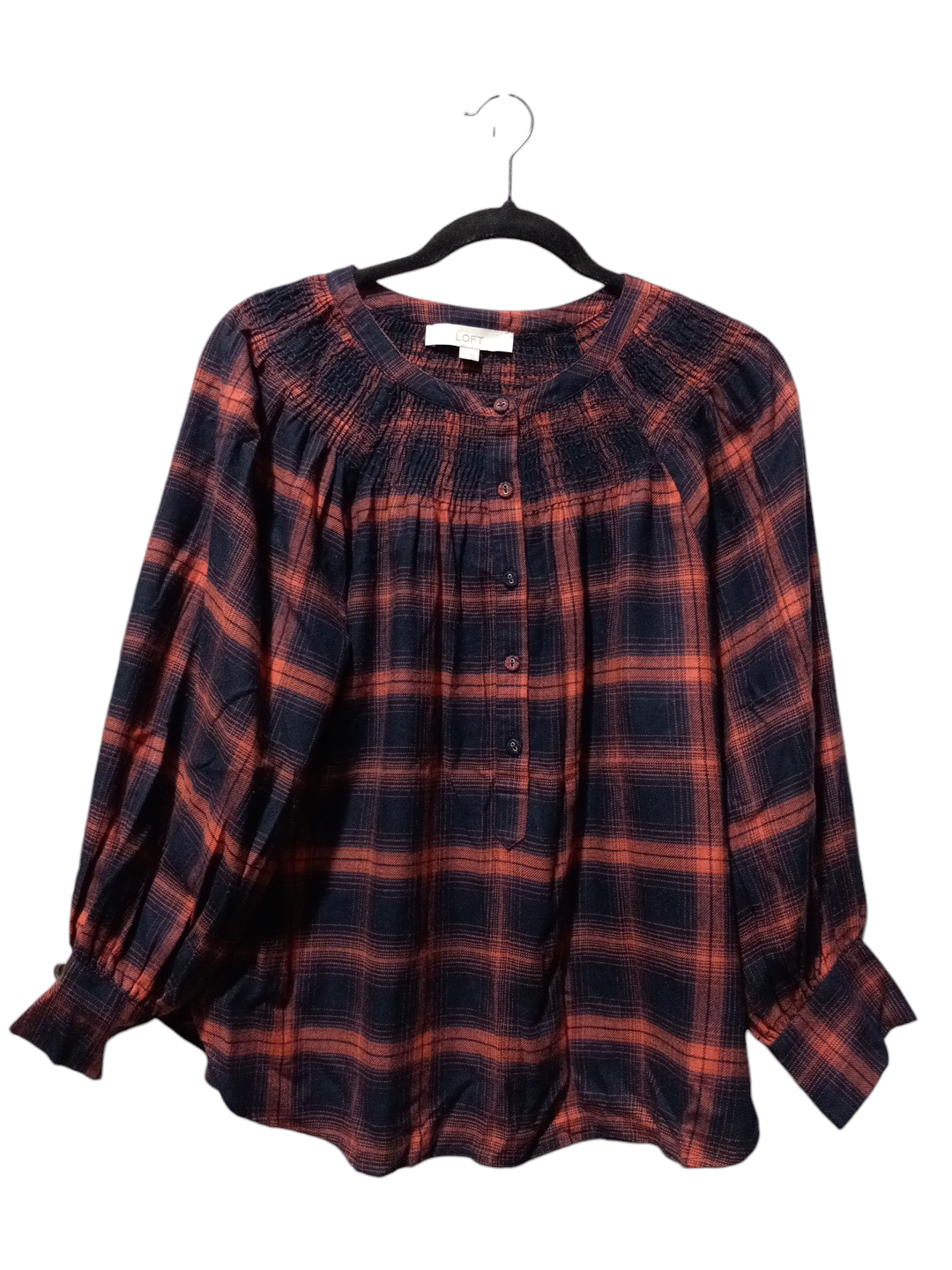 Top Long Sleeve By Loft In Plaid Pattern, Size: S